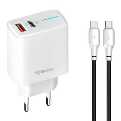 Мережевий зарядний пристрій Gelius Radiance GP-HC058 1Type-C + 1USB-A PD/QC3.0/PPS/Super VOOC 25 W + кабель Full Silicon Type-C to Type-C White