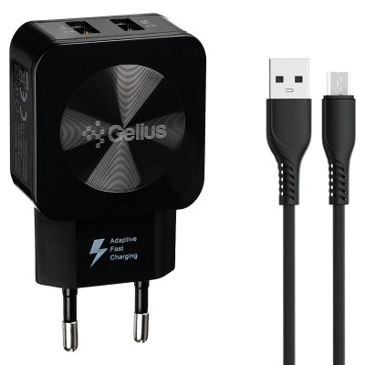 Мережевий зарядний пристрій Gelius Prime GU-HC02 2USB 2.1A 12W + кабель MicroUSB Black