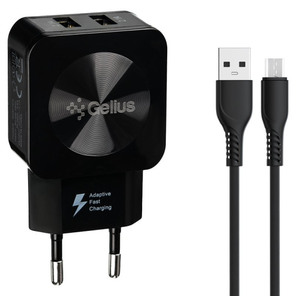 Мережевий зарядний пристрій Gelius Prime GU-HC02 2USB 2.1A 12W + кабель MicroUSB Black