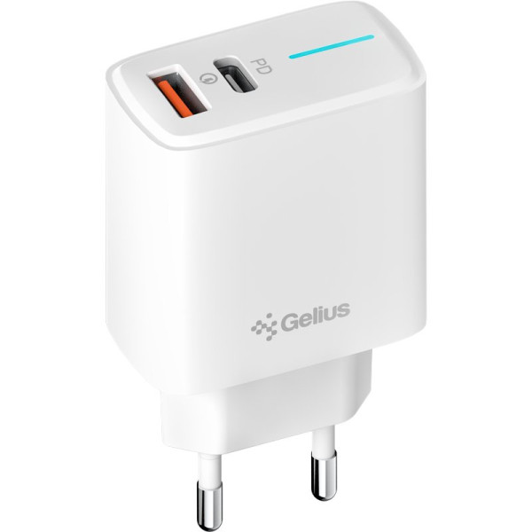 Мережевий зарядний пристрій Gelius Radiance GP-HC058 1Type-C + 1USB-A PD/QC3.0/PPS/Super VOOC 25 W + кабель Full Silicon Type-C to Lightning White